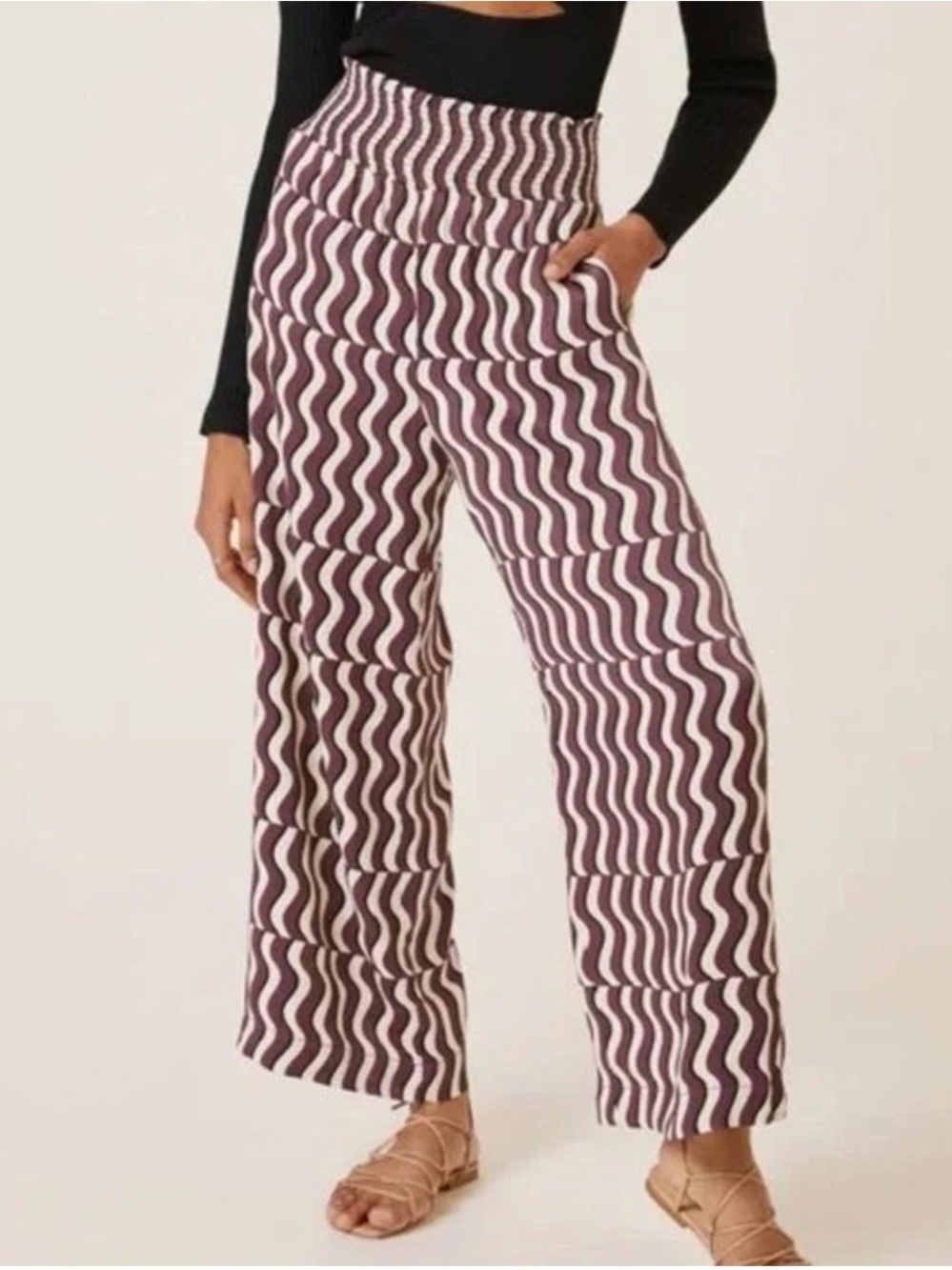 Maeve Anthropologie Printed Wide Leg Pants Purple Ivory Wavy High Rise Pull On